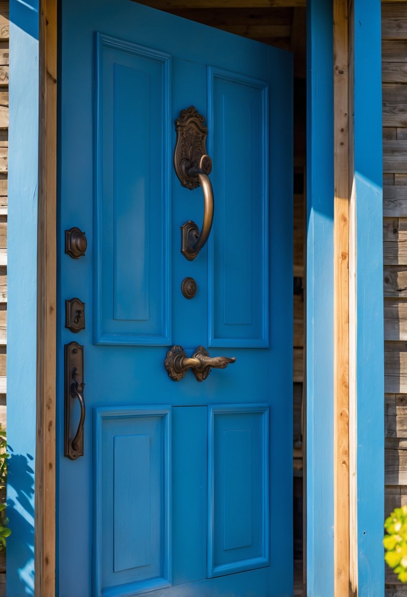 A bold blue farmhouse front door with a vintage metal door knocker set in a rustic exterior.