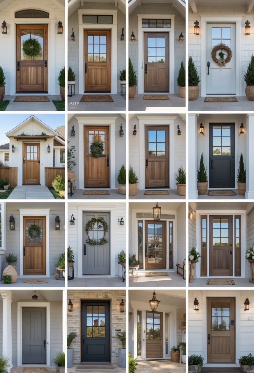 Eleven different sliding barn door front entries displayed together in an outdoor setting.