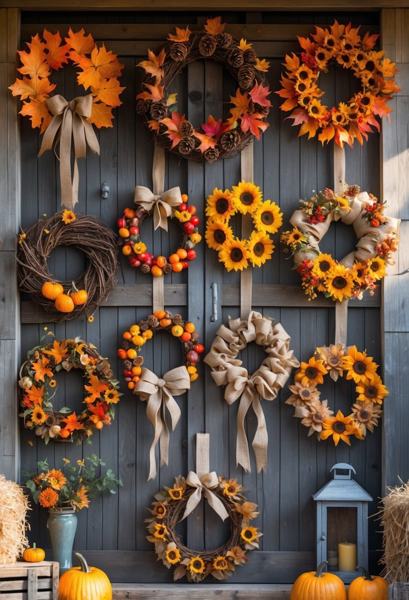 Fifteen different fall wreaths made of leaves, pine cones, pumpkins, and berries displayed on a wooden farmhouse wall.