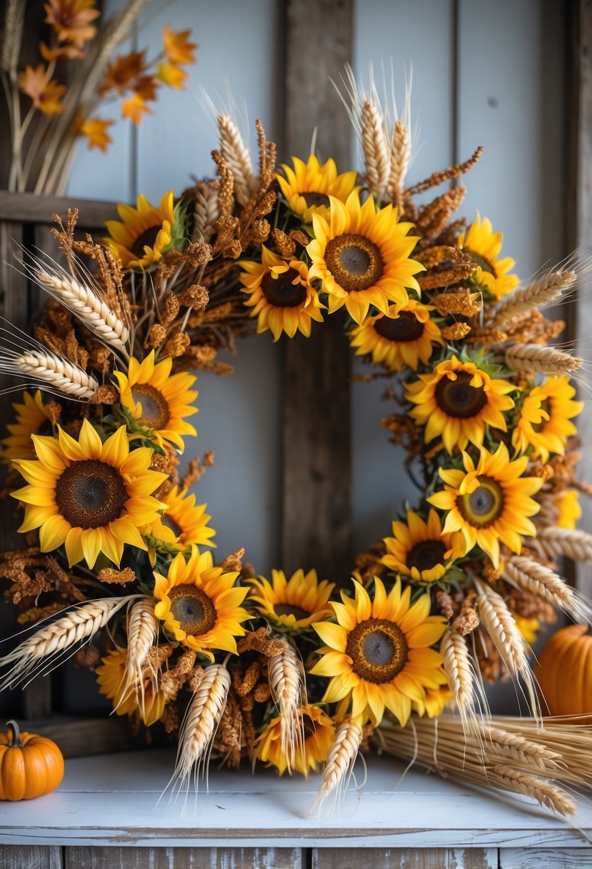 A circular autumn wreath made of sunflowers and wheat stalks hanging against a rustic wooden background.
