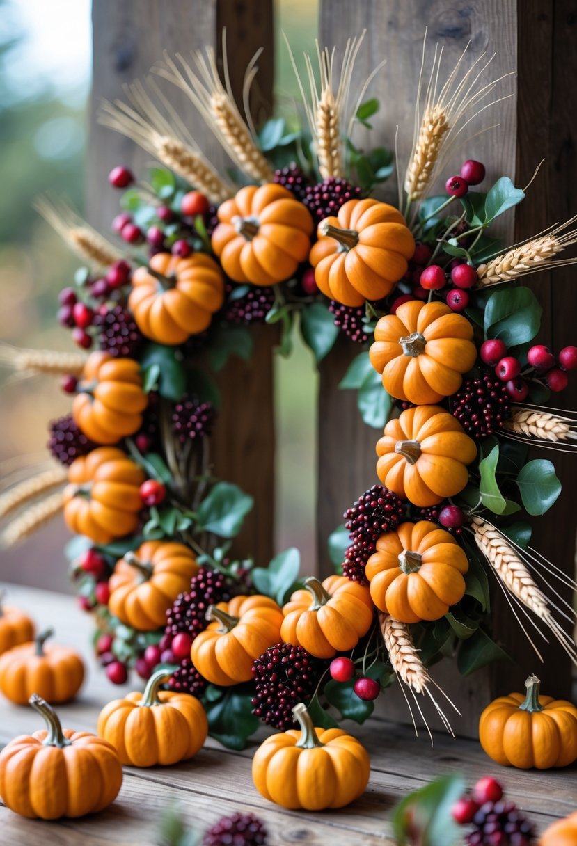 A circular wreath decorated with mini pumpkins, red berries, dried wheat, and green leaves on a blurred background.
