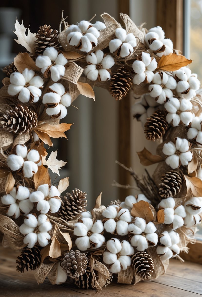 A circular wreath made of cotton bolls and pinecones arranged with dried leaves on a neutral background.