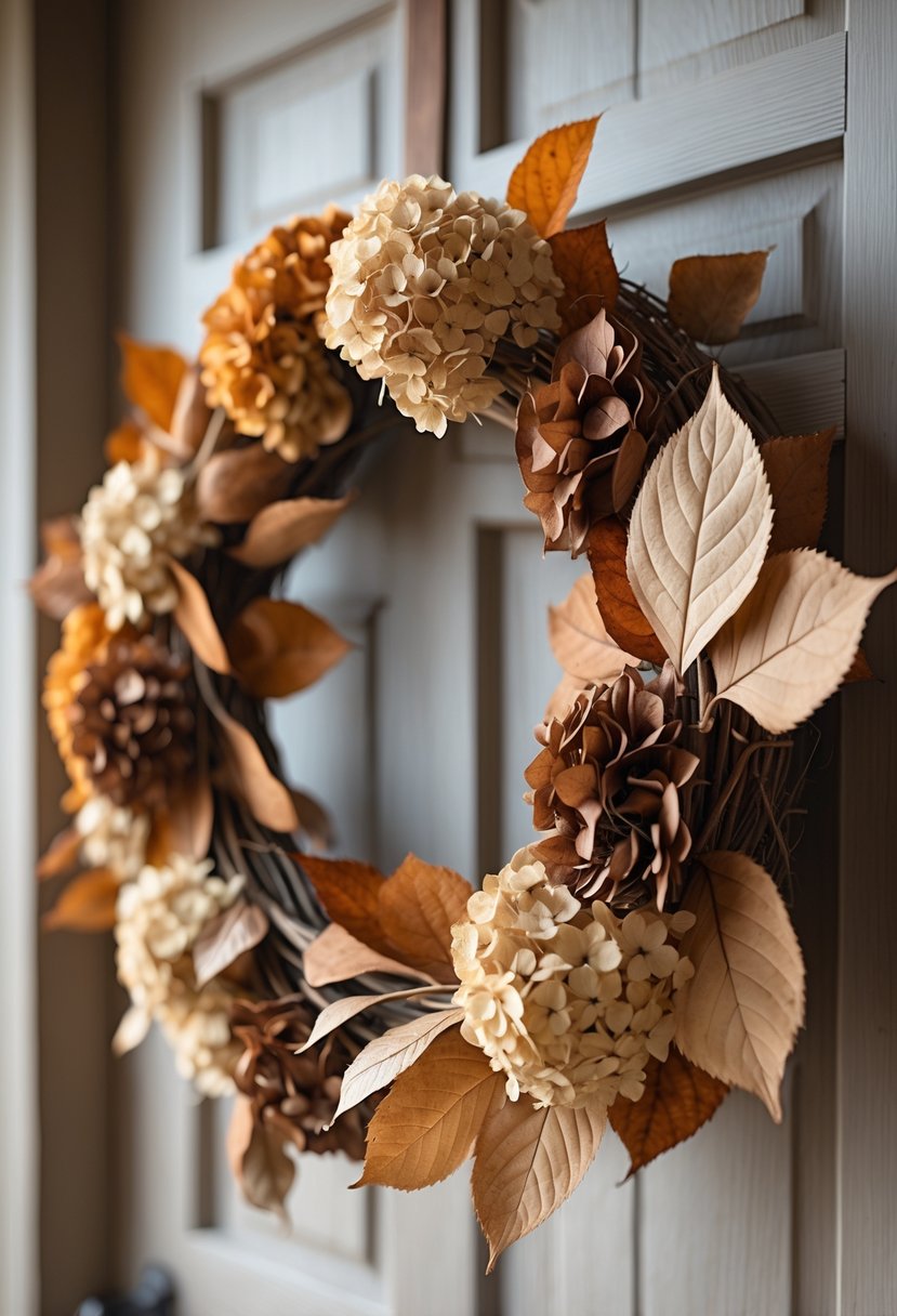A circular wreath made of dried hydrangea flowers and oak leaves hanging on a wooden surface.