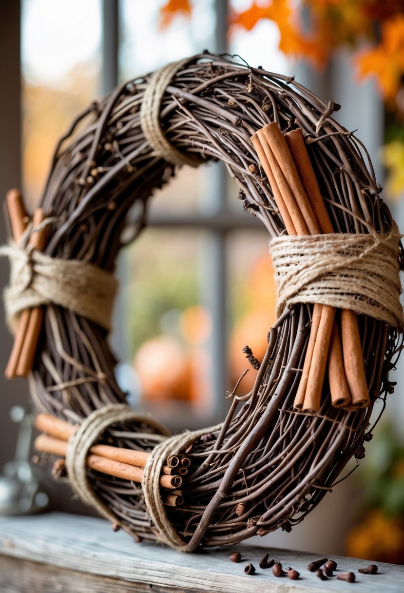 A grapevine wreath decorated with cinnamon sticks and cloves on a blurred warm autumn background.