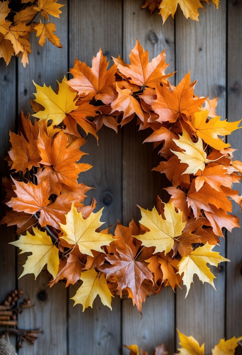 A circular wreath made of orange and yellow maple leaves hanging on a rustic wooden background.
