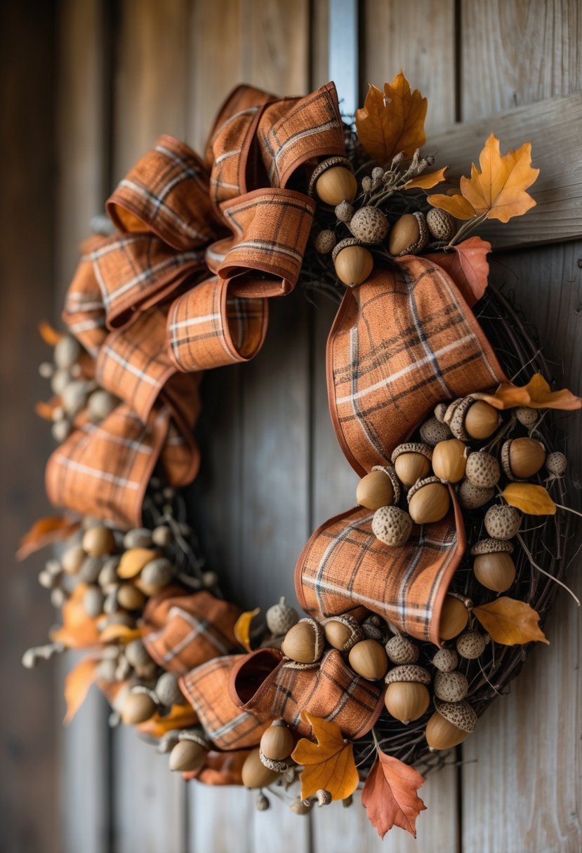 A circular fall wreath made of rust-colored plaid ribbon and acorns on a rustic wooden background.