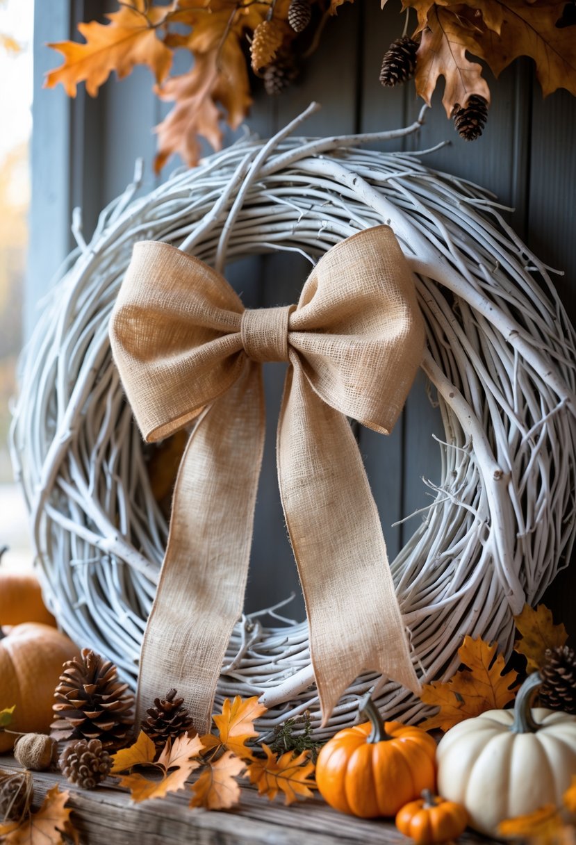 A whitewashed twig wreath with a burlap bow surrounded by fall decorations like dried leaves and small pumpkins.