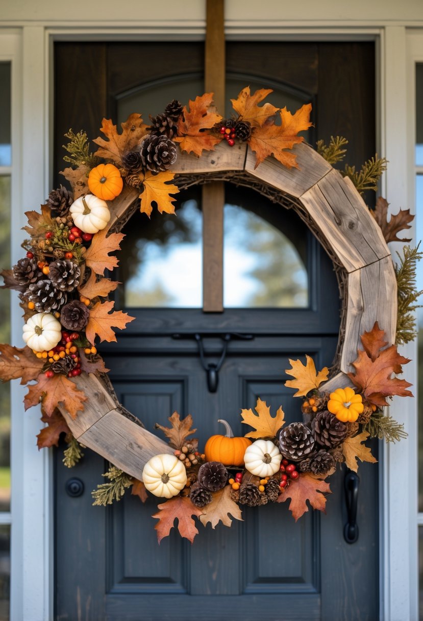 A rustic barn wood frame wreath decorated with autumn leaves, pumpkins, pinecones, and berries hanging on a farmhouse door.