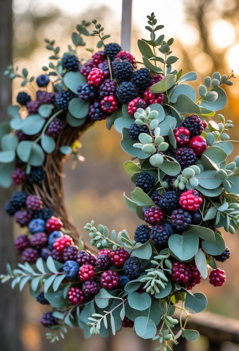 A circular fall wreath made of mixed berries and seeded eucalyptus branches on a warm, blurred background.