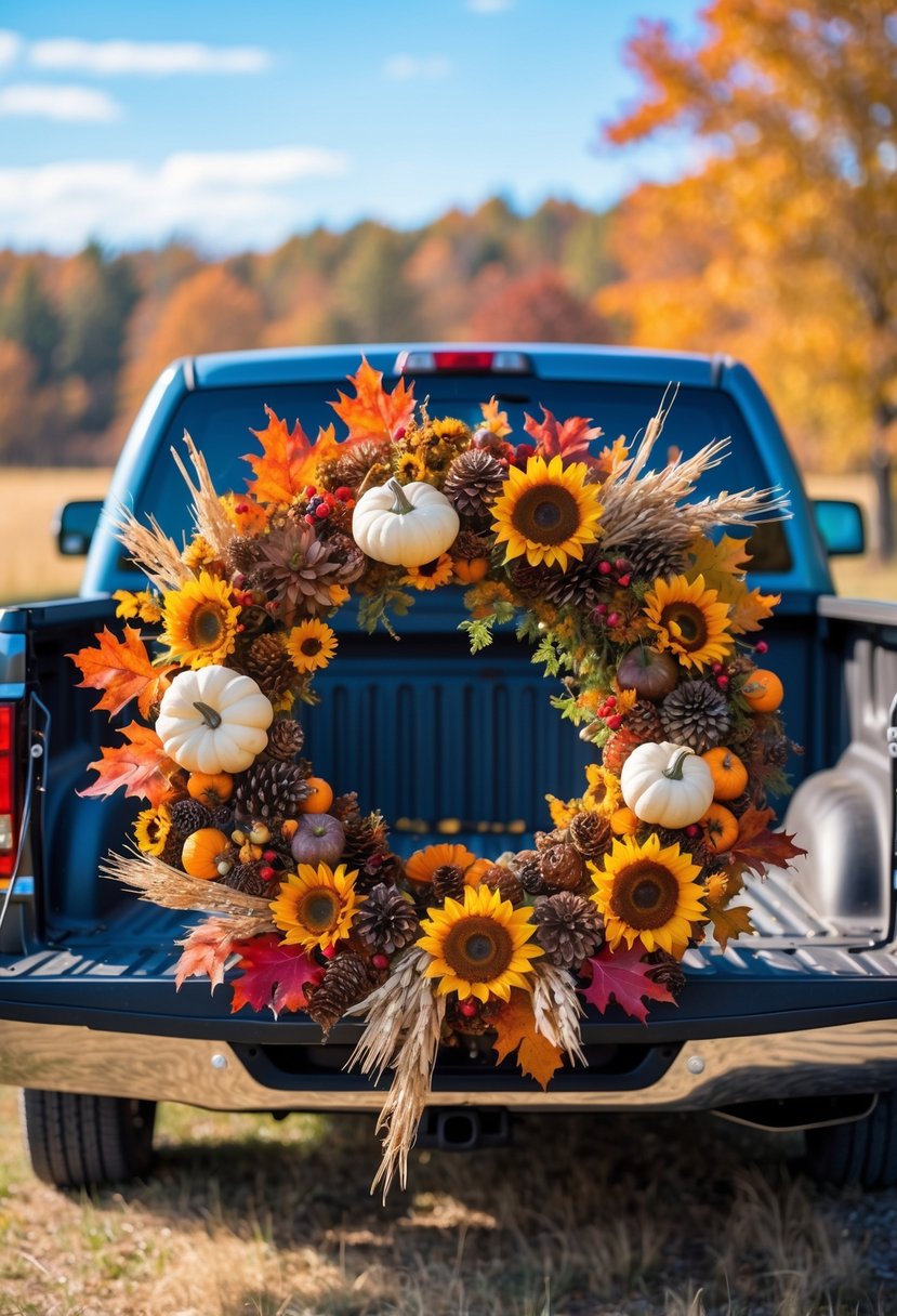 A rustic pickup truck bed filled with a large fall floral wreath made of colorful leaves, sunflowers, pumpkins, and pinecones, set outdoors on a sunny autumn day.