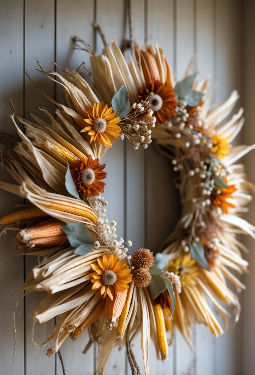 A circular wreath made of corn husks and dried flowers hanging on a wooden surface.