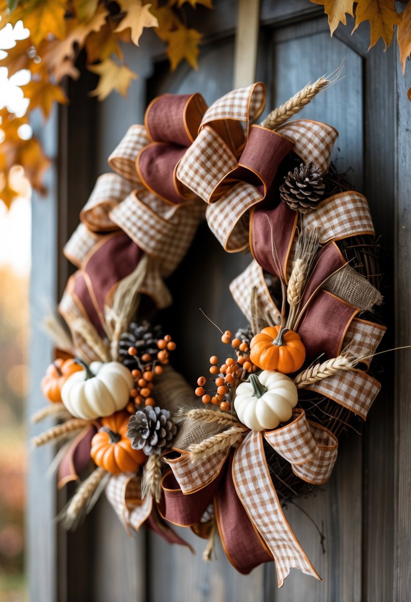 A circular wreath made of gingham ribbons and autumn decorations hanging on a wooden surface.