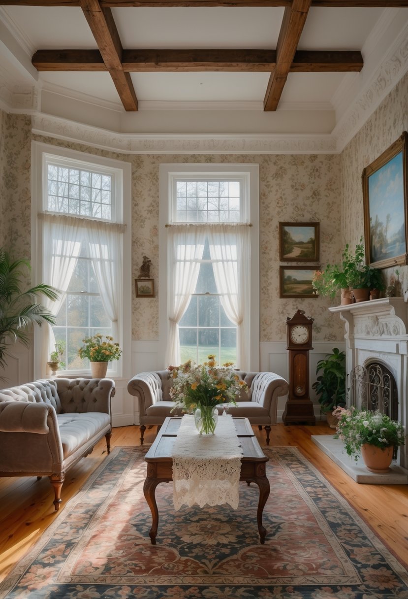 A warmly lit living room with wooden beams, large windows, a fireplace, vintage furniture, and decorative plants.