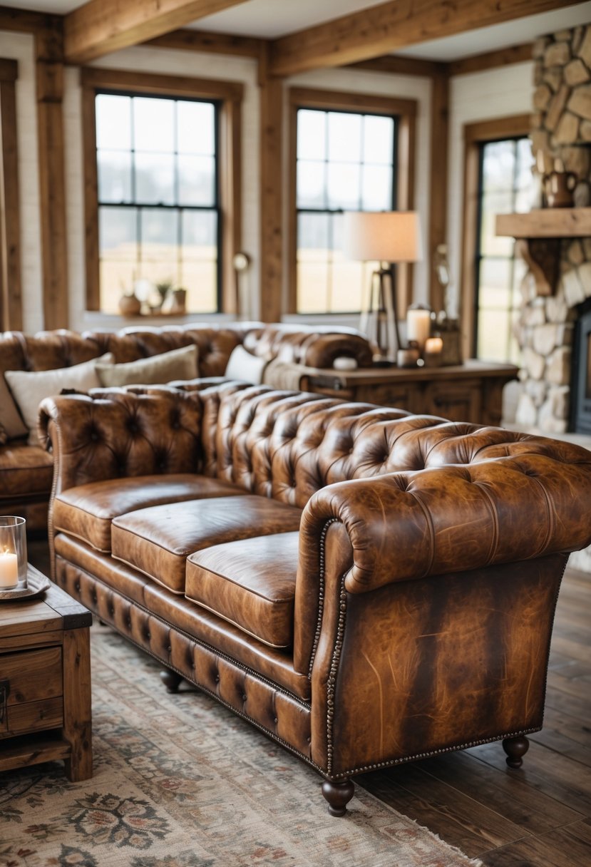 A brown leather Chesterfield sofa in the center of a living room with wooden floors, a coffee table, and a fireplace in the background.