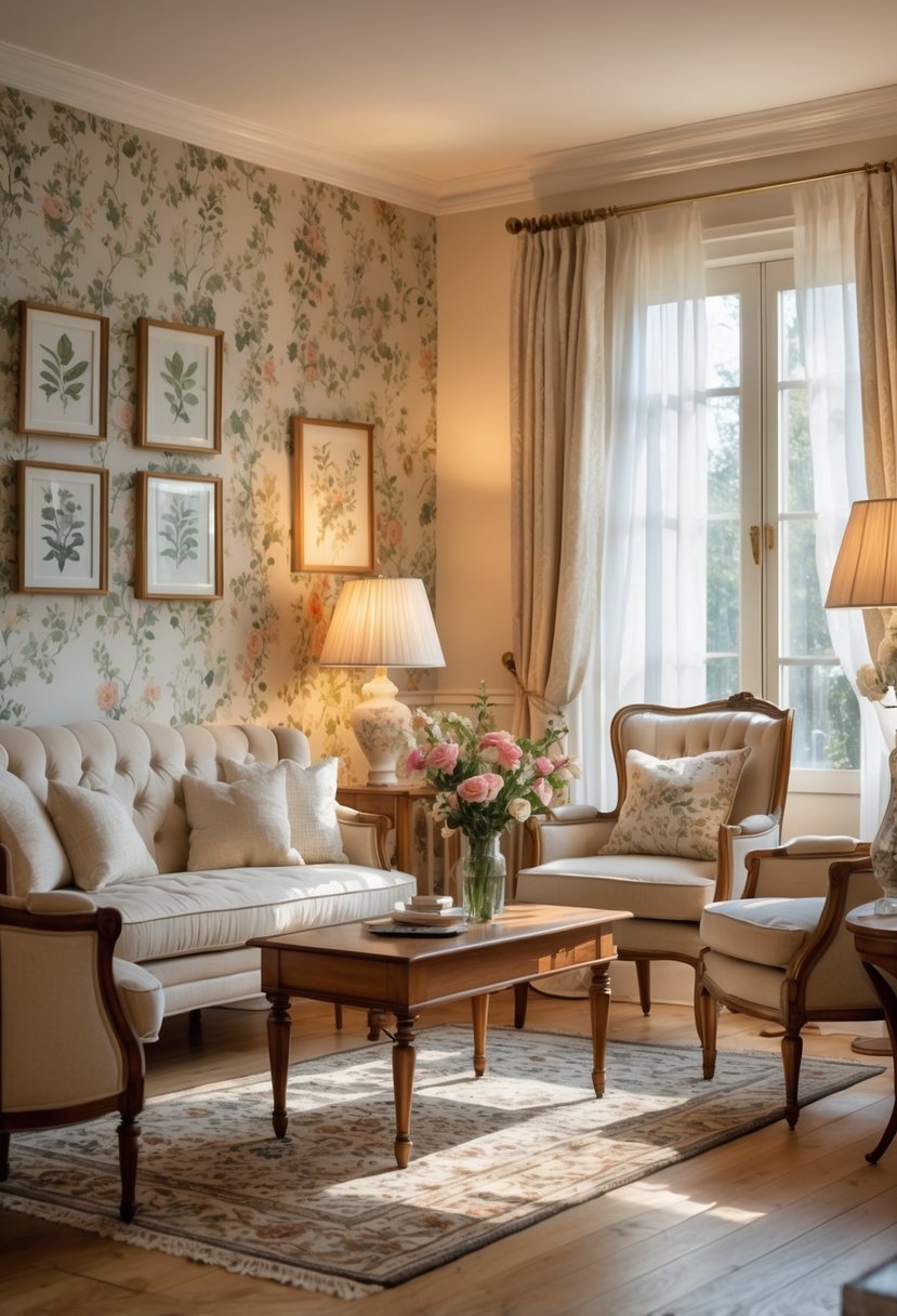 A living room with cream walls and a floral wallpaper accent, furnished with a sofa, armchairs, wooden coffee table, and decorated with lamps and flowers.