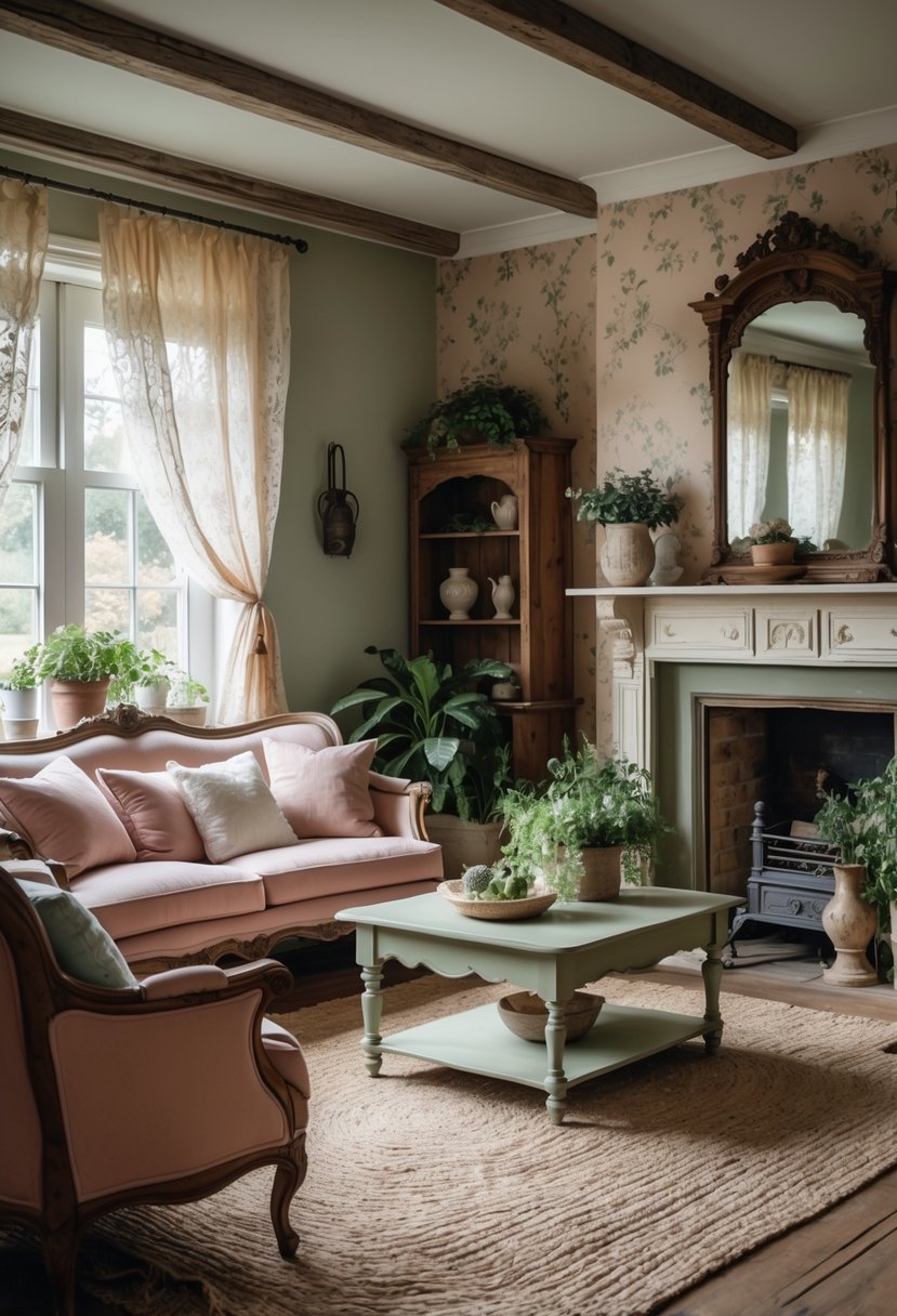 A cozy living room with vintage wooden furniture, soft cushions, a fireplace, lace curtains, and potted plants, all bathed in natural light.