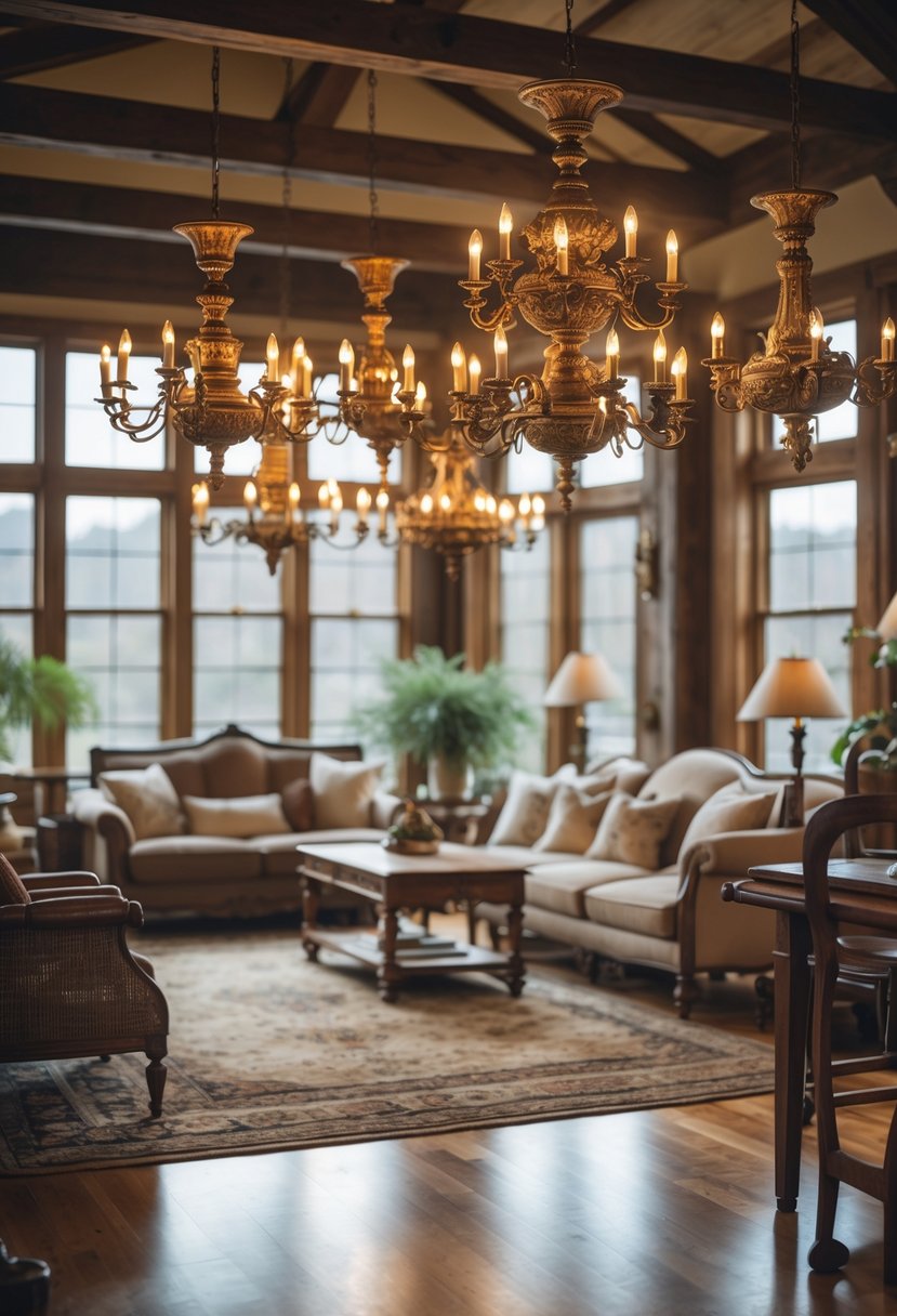A spacious living room with multiple antique brass chandeliers hanging from the ceiling, warm lighting, wooden furniture, and comfortable seating.