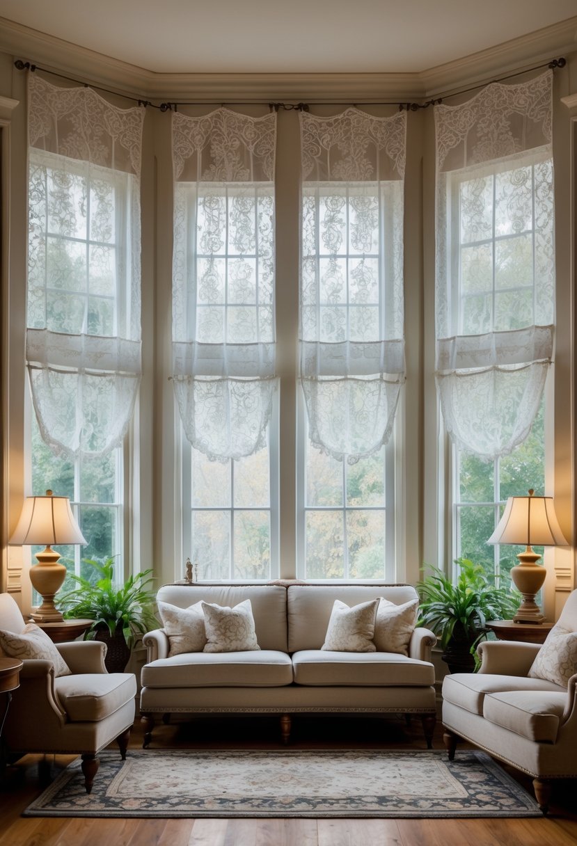 Living room with two large windows covered by matching lace curtains, comfortable seating, and warm natural light.