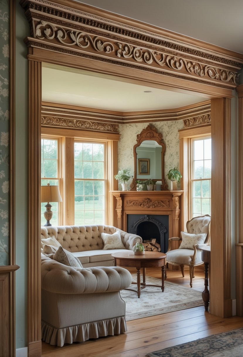 A living room with detailed decorative trim on wooden moldings, vintage furniture, and a fireplace.