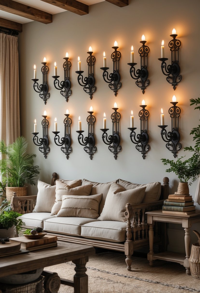 A cozy living room with wrought iron candle sconces on the walls, comfortable seating, wooden furniture, and decorative plants.