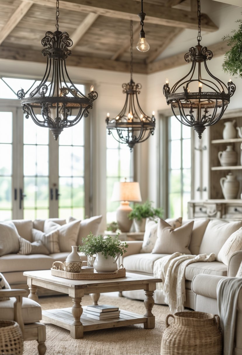 A cozy farmhouse living room with wrought iron chandeliers hanging from the ceiling and rustic wooden furniture.