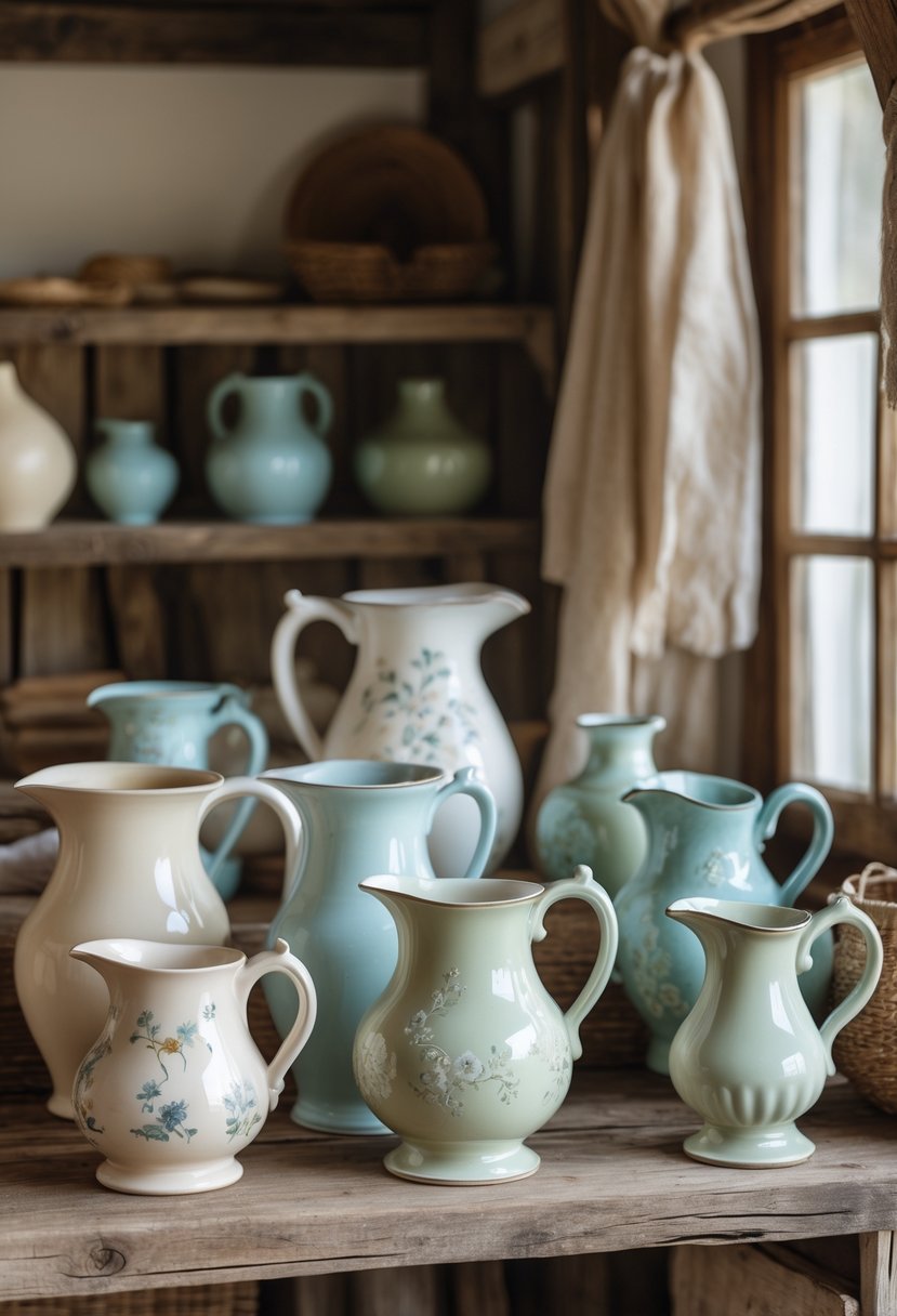 A collection of antique ceramic pitchers displayed on a wooden surface in a warm, cozy room.