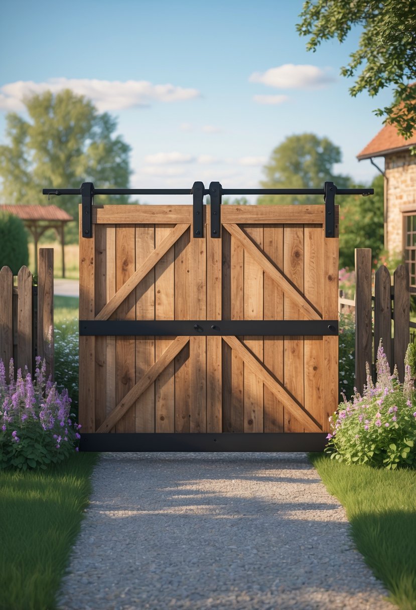 A sliding wooden barn door gate at the entrance of a farmhouse with a gravel path, green grass, flowers, and a wooden fence under a clear sky.