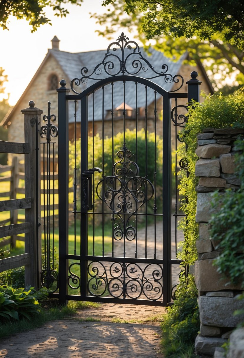Wrought iron gate with scrollwork at the entrance of a farmhouse surrounded by greenery and rustic fencing.