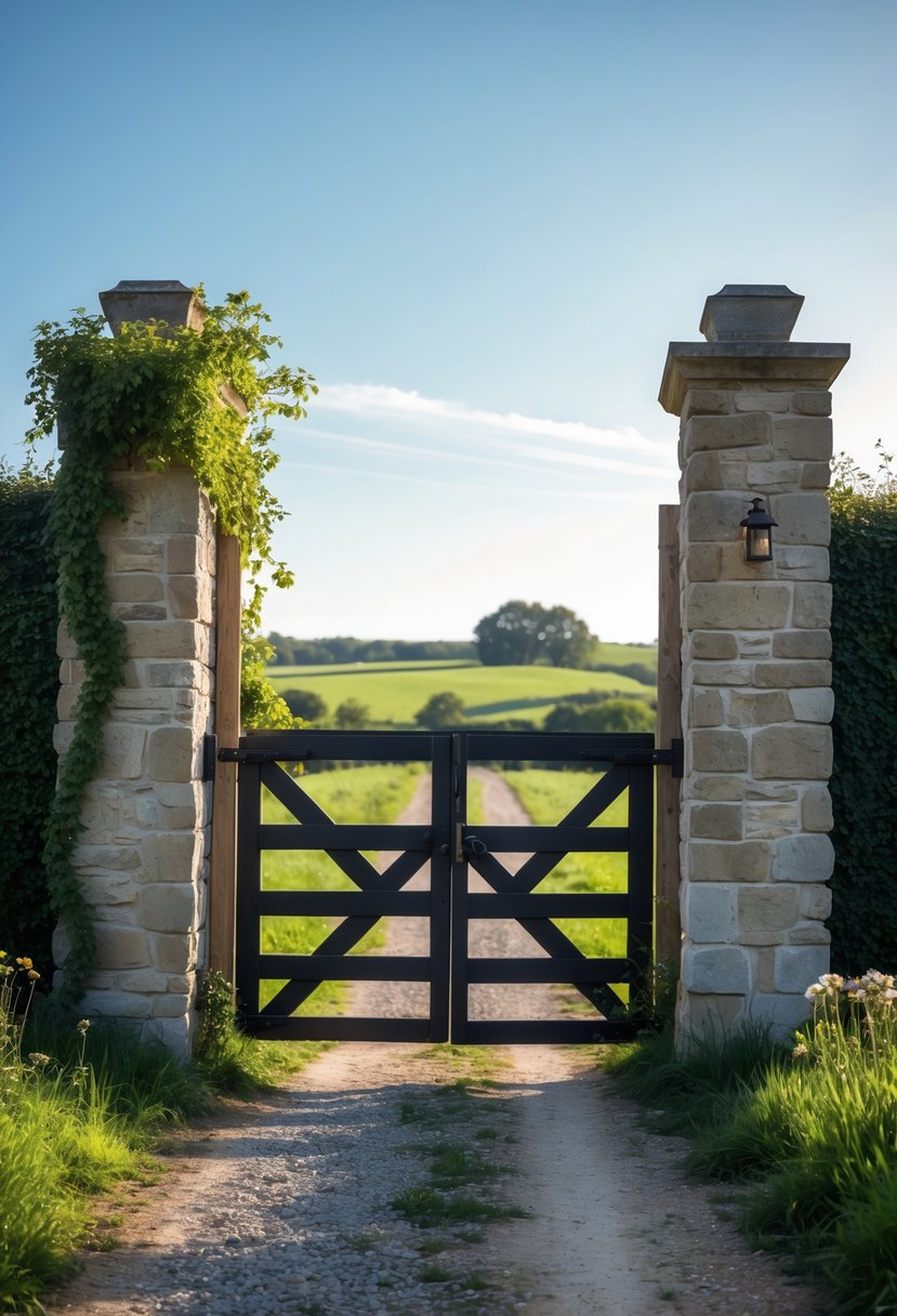 A rustic wooden gate framed by two stone pillars at the entrance of a farmhouse with green fields in the background.
