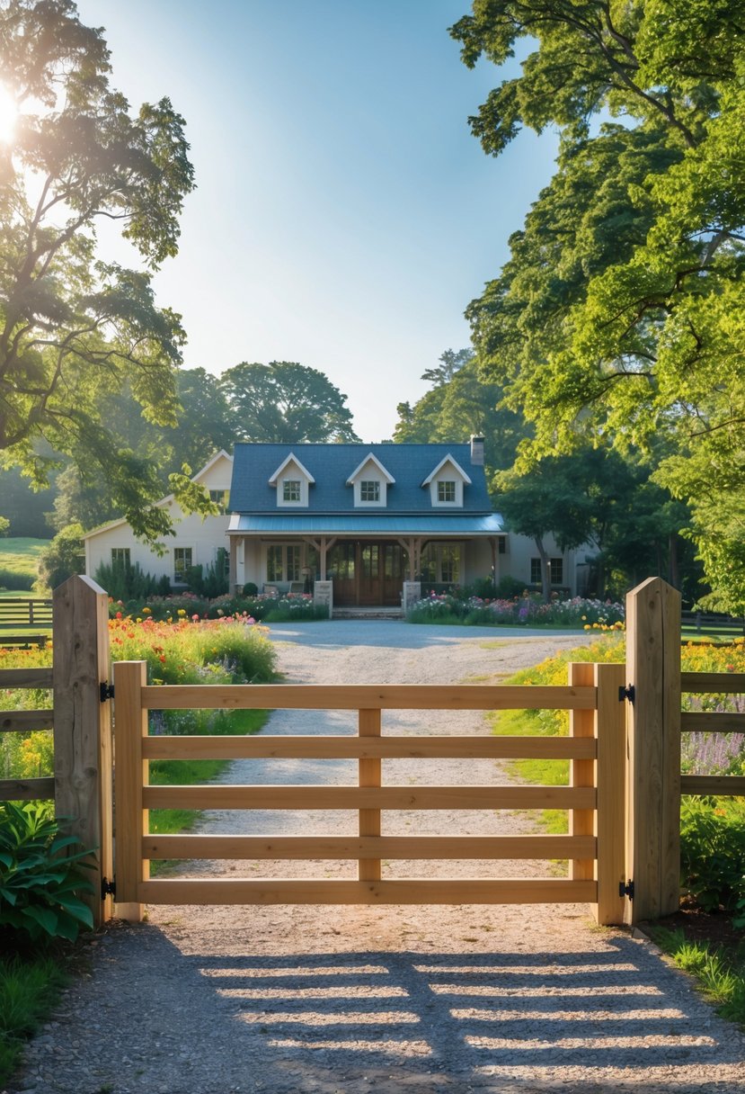 A wooden horizontal slat gate at the entrance of a farmhouse driveway surrounded by greenery and flowers.