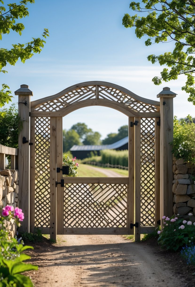A farmhouse gate with decorative latticework surrounded by greenery and flowers.