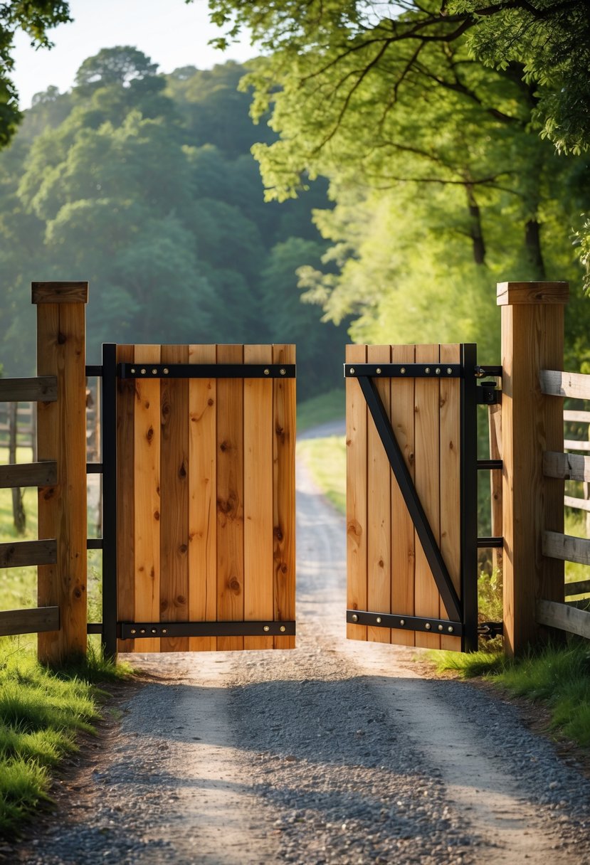 A wooden farmhouse gate with metal accents opening onto a gravel path surrounded by greenery and rustic fencing.