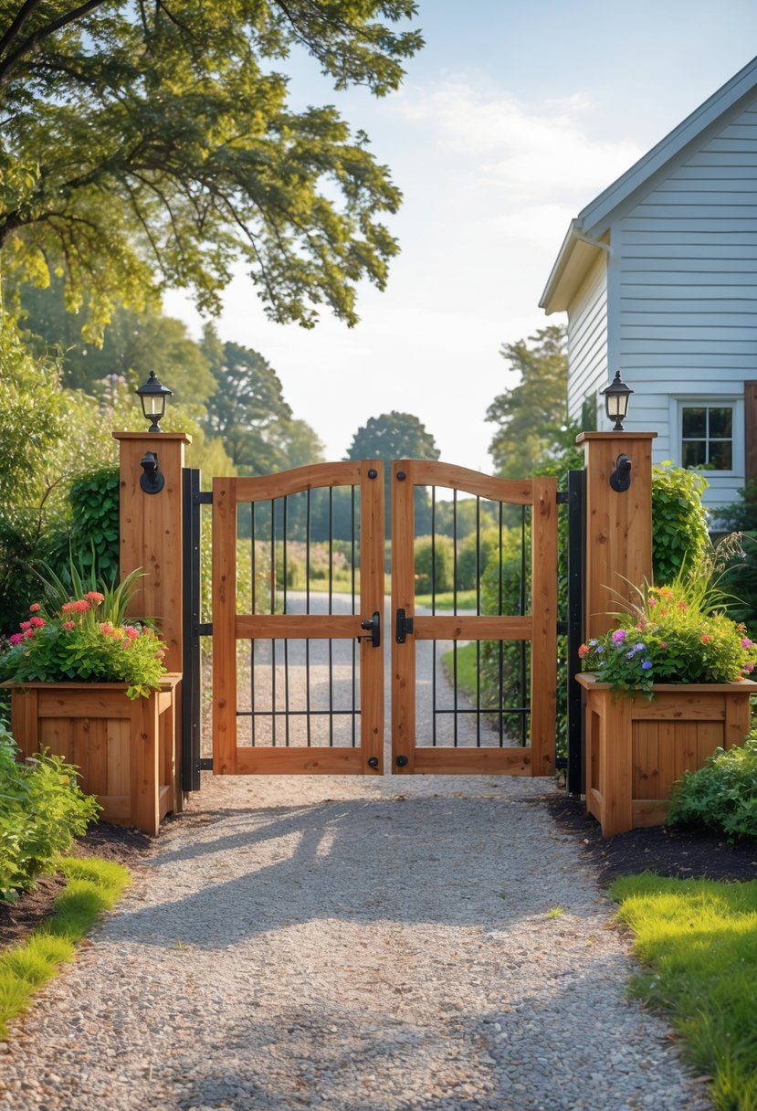 A wooden farmhouse gate with built-in planters filled with green plants and flowers at the entrance of a garden pathway.