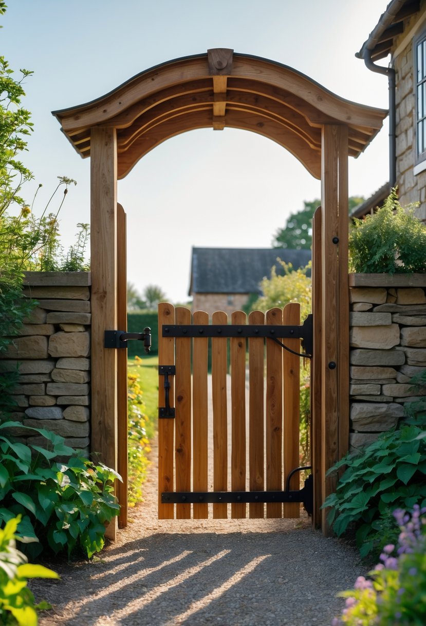 An arched wooden gate at the entrance of a farmhouse surrounded by greenery and a pathway leading inside.