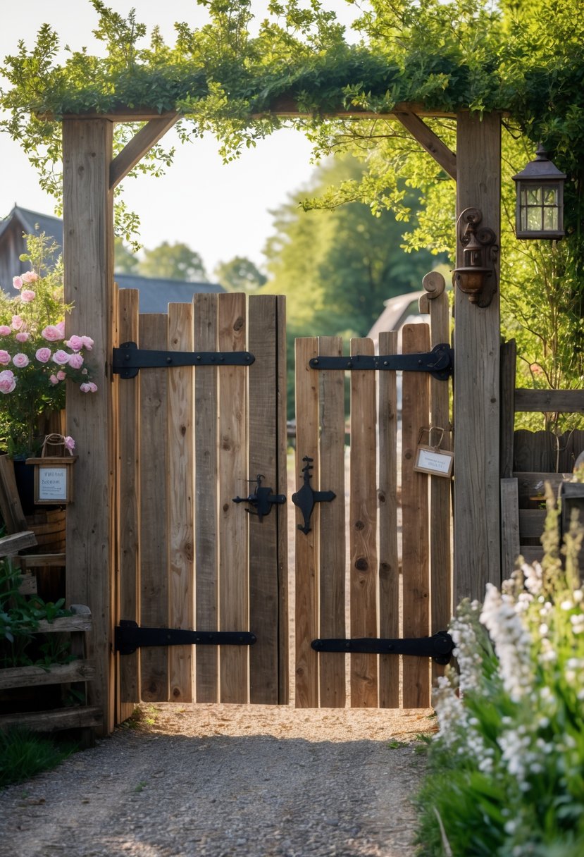 A reclaimed wood gate at the entrance of a farmhouse garden with greenery and flowers around it.