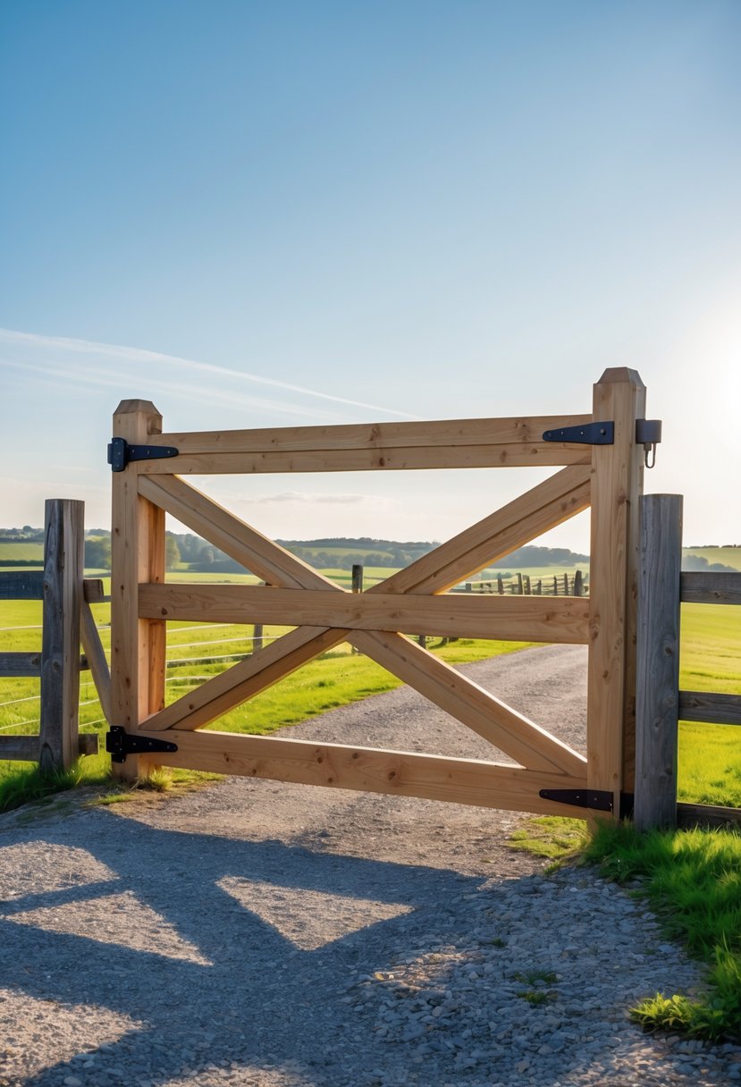 A wooden farmhouse gate with a crossbuck design at the entrance to a rural property, surrounded by grass and fields under a clear sky.