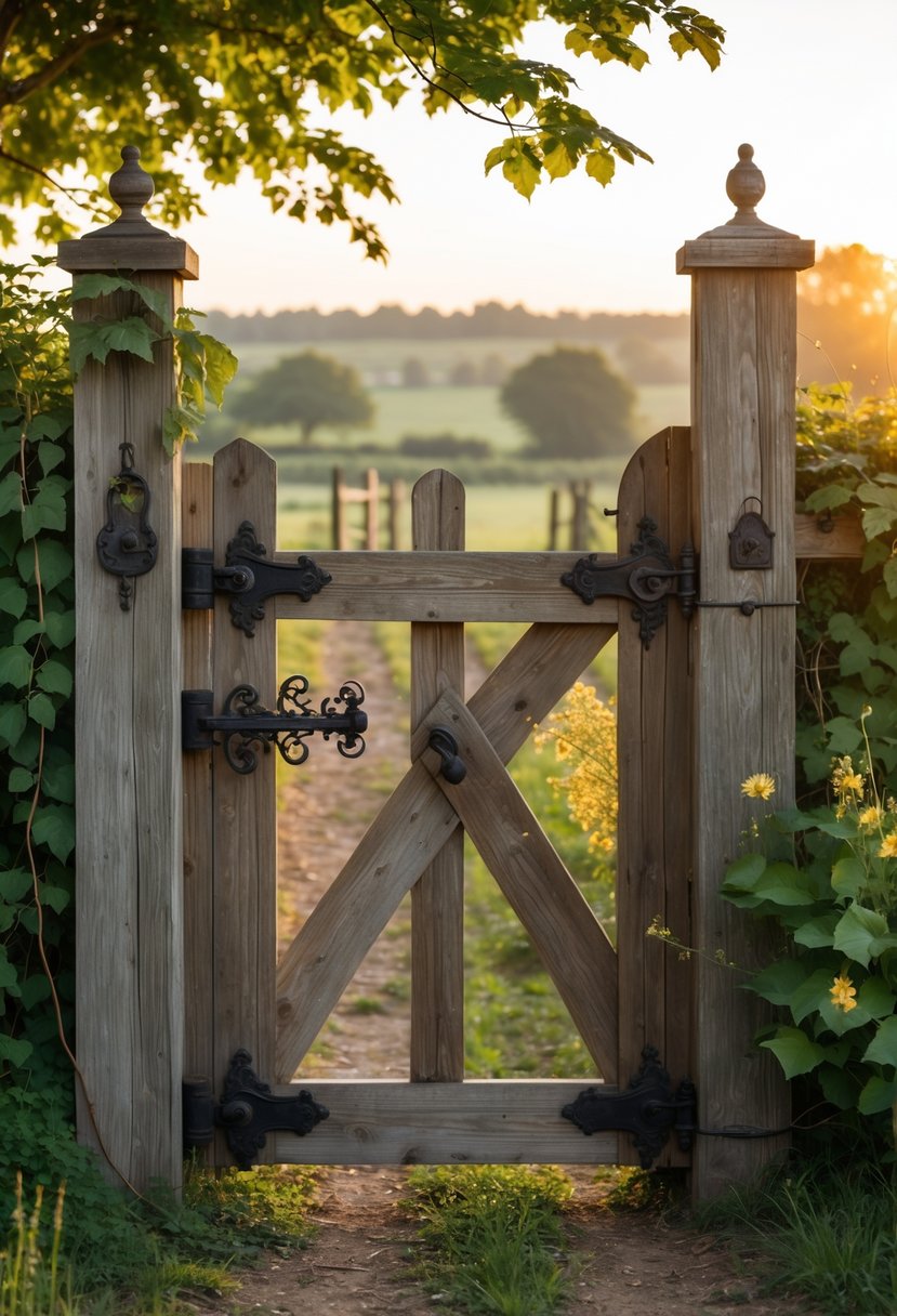 A wooden farmhouse gate with vintage iron hardware surrounded by greenery and wildflowers in a rural farm setting.