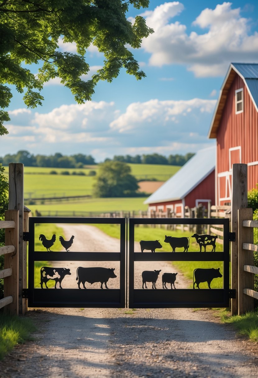 A farmhouse gate with farm animal cutouts opens to a gravel driveway surrounded by greenery and farmland.