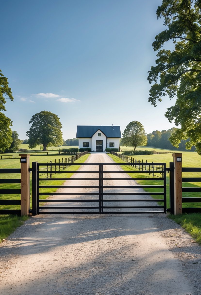 A metal gate at the entrance of a farmhouse driveway with green fields and trees in the background under a clear sky.