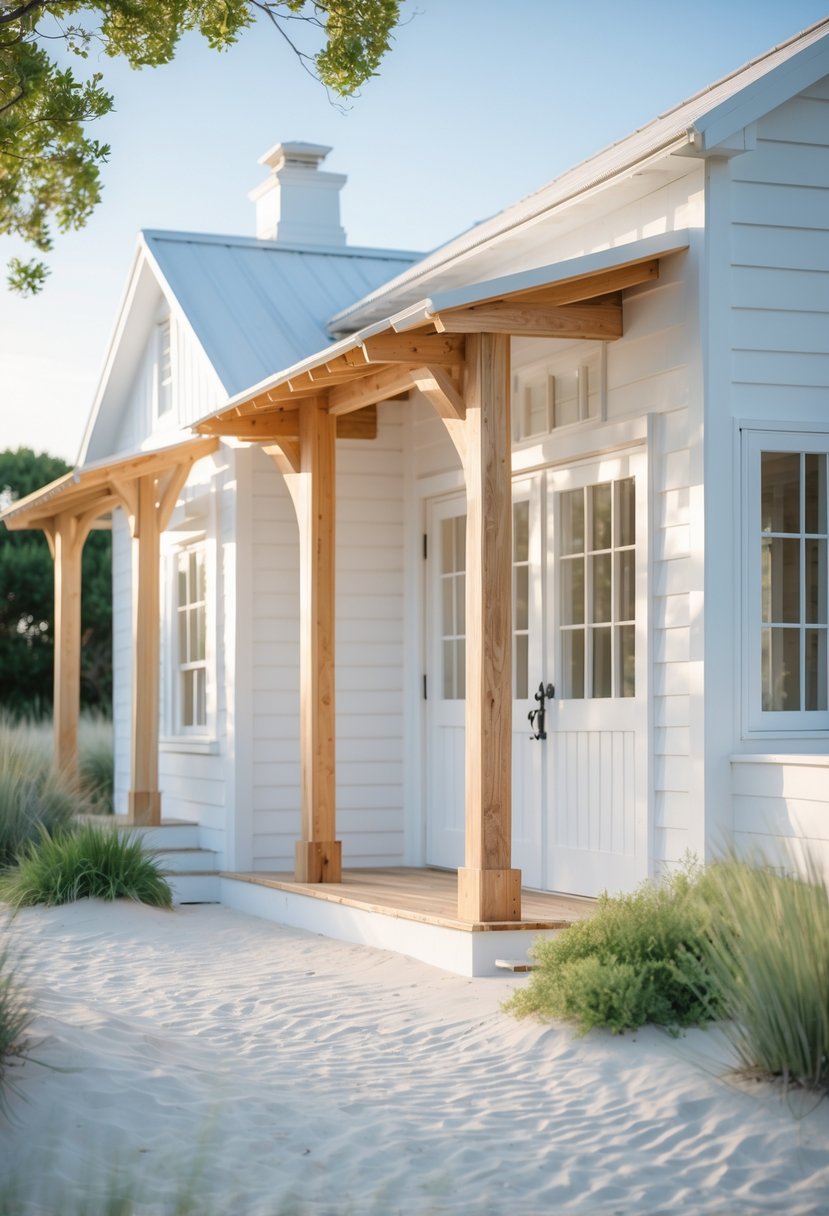 Exterior view of a coastal farmhouse with white walls and wooden beams near the shore.