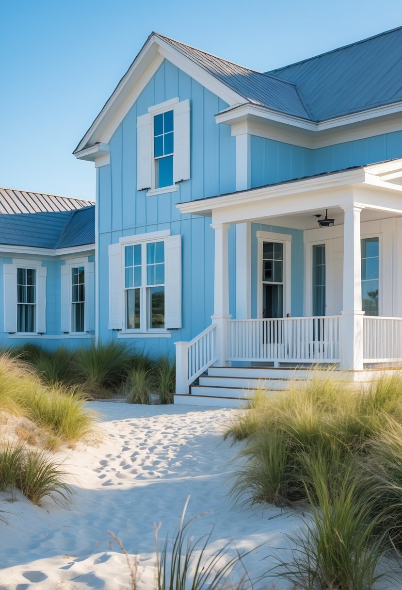 A coastal farmhouse with soft blue exterior walls and white trim, surrounded by sandy paths and coastal plants under a clear sky.