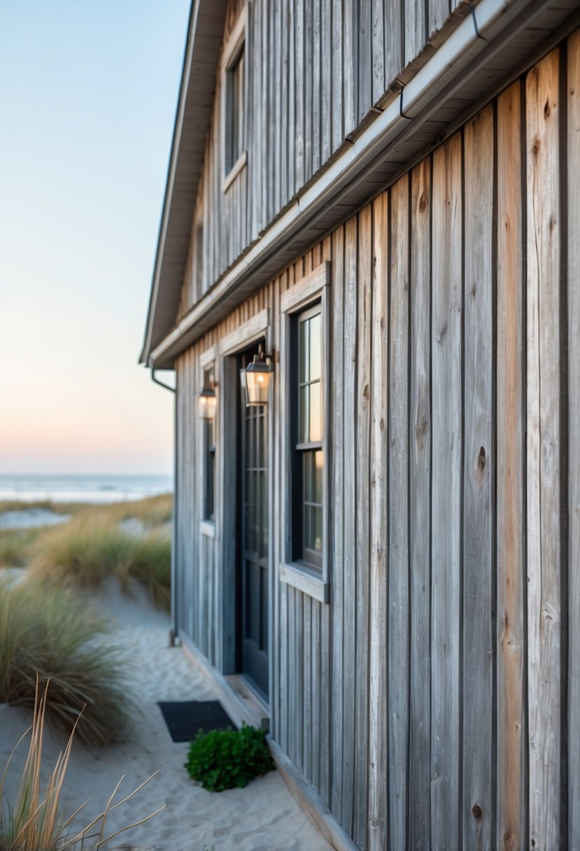 Exterior view of a coastal farmhouse with weathered wooden siding surrounded by beach grasses and ocean in the background.