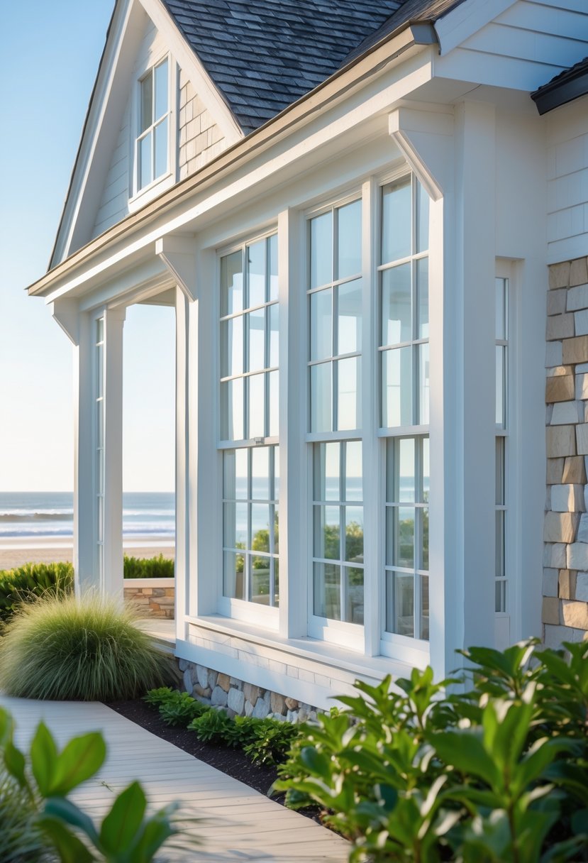 A coastal house exterior with large windows overlooking a beach and surrounded by greenery.