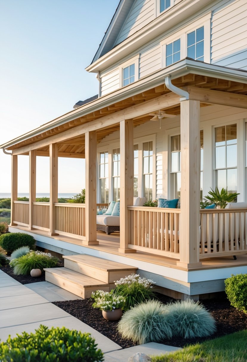 A coastal farmhouse exterior with a spacious wraparound porch featuring natural wood railings and outdoor seating surrounded by greenery.