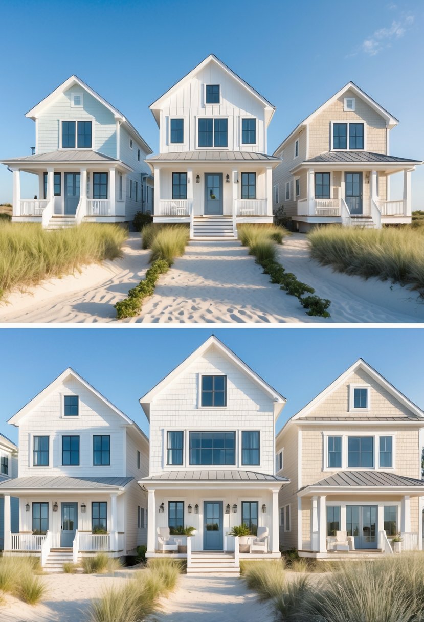 Multiple coastal farmhouse exteriors with light colors under a clear blue sky surrounded by coastal plants.