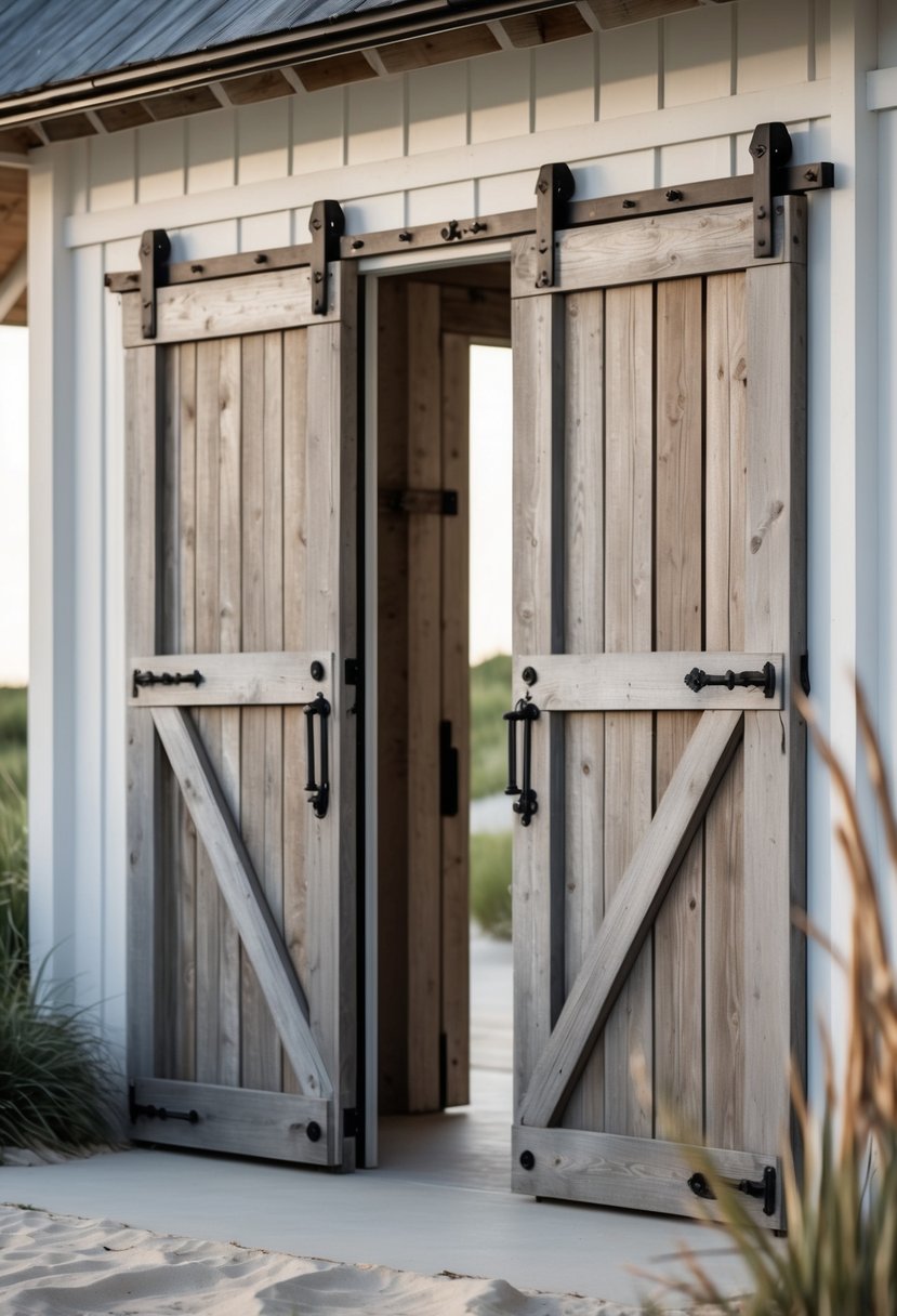 Close-up of rustic wooden barn doors on the exterior of a farmhouse near the coast.