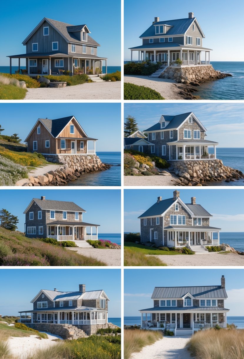A group of coastal farmhouses with natural stone foundations near the ocean under a clear sky.