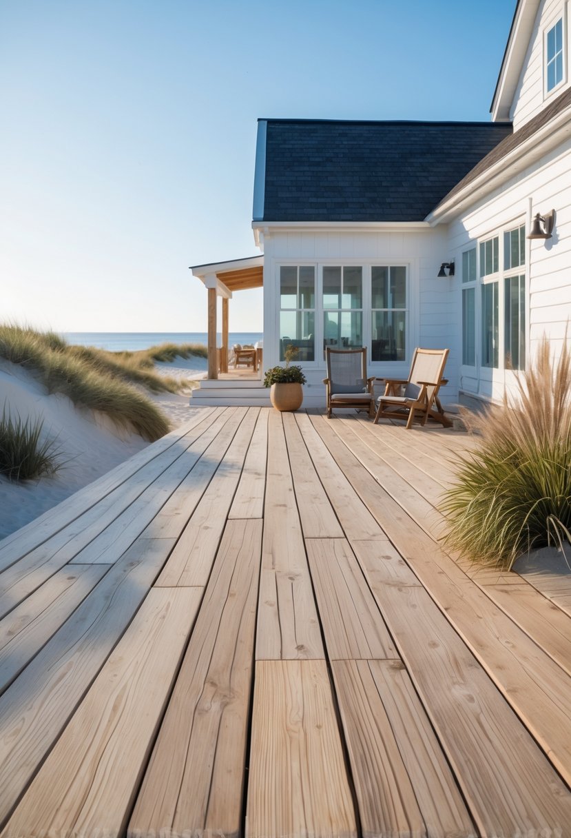 Wide plank wood decking in front of a coastal farmhouse with ocean and beach grasses in the background.