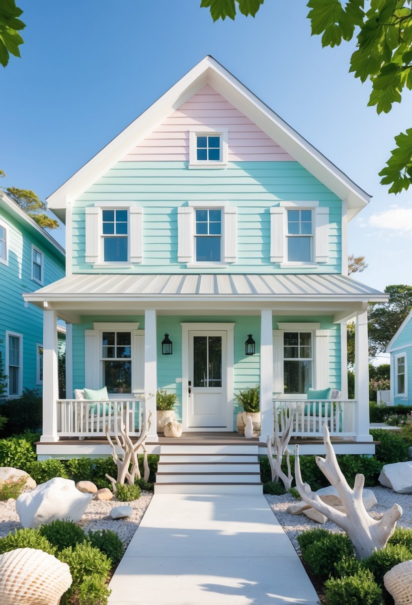 A coastal farmhouse exterior with pastel-colored shiplap siding, surrounded by greenery under a clear blue sky.
