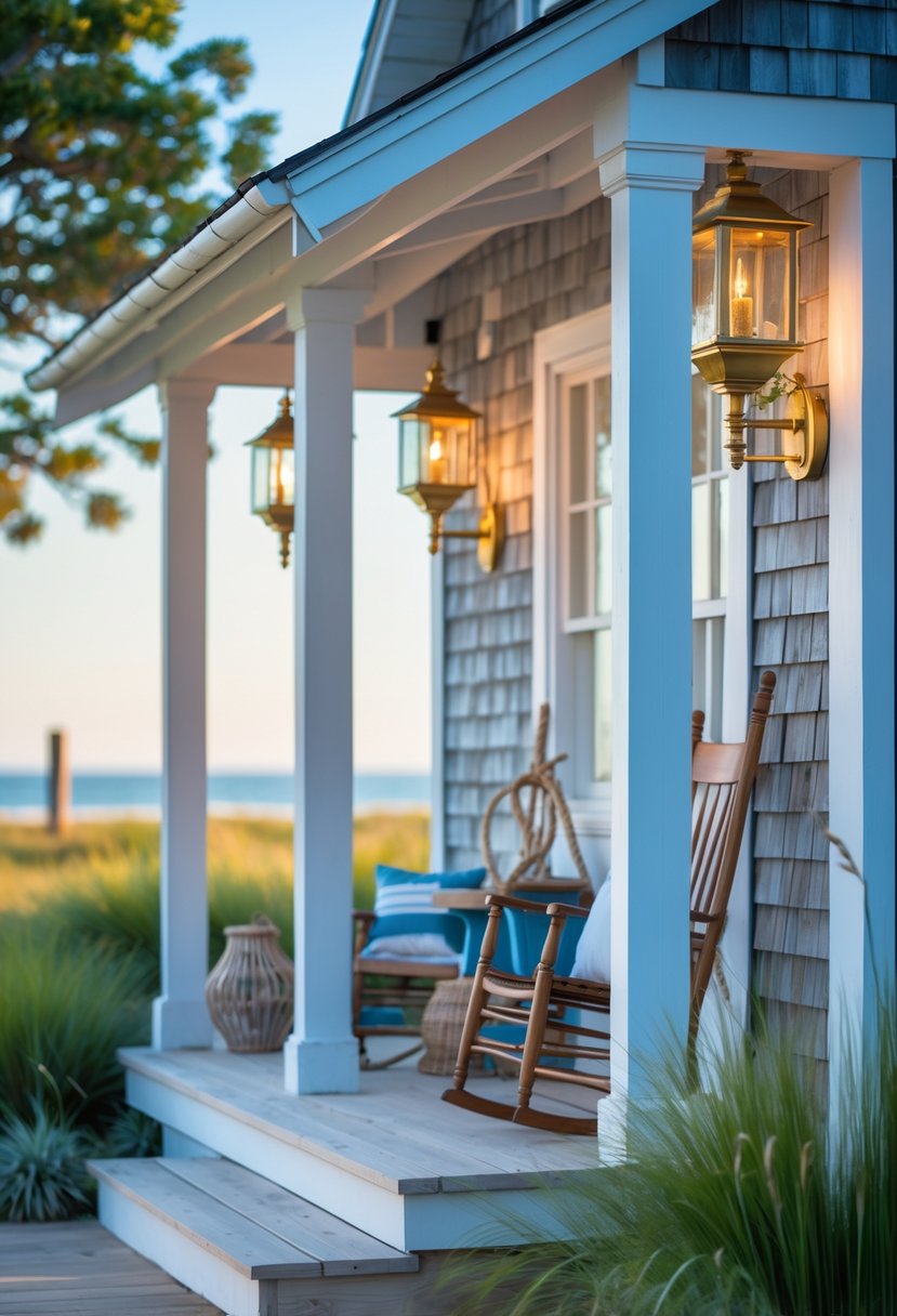 A coastal farmhouse porch with nautical-style lantern lights, wooden siding, and greenery under a clear sky.